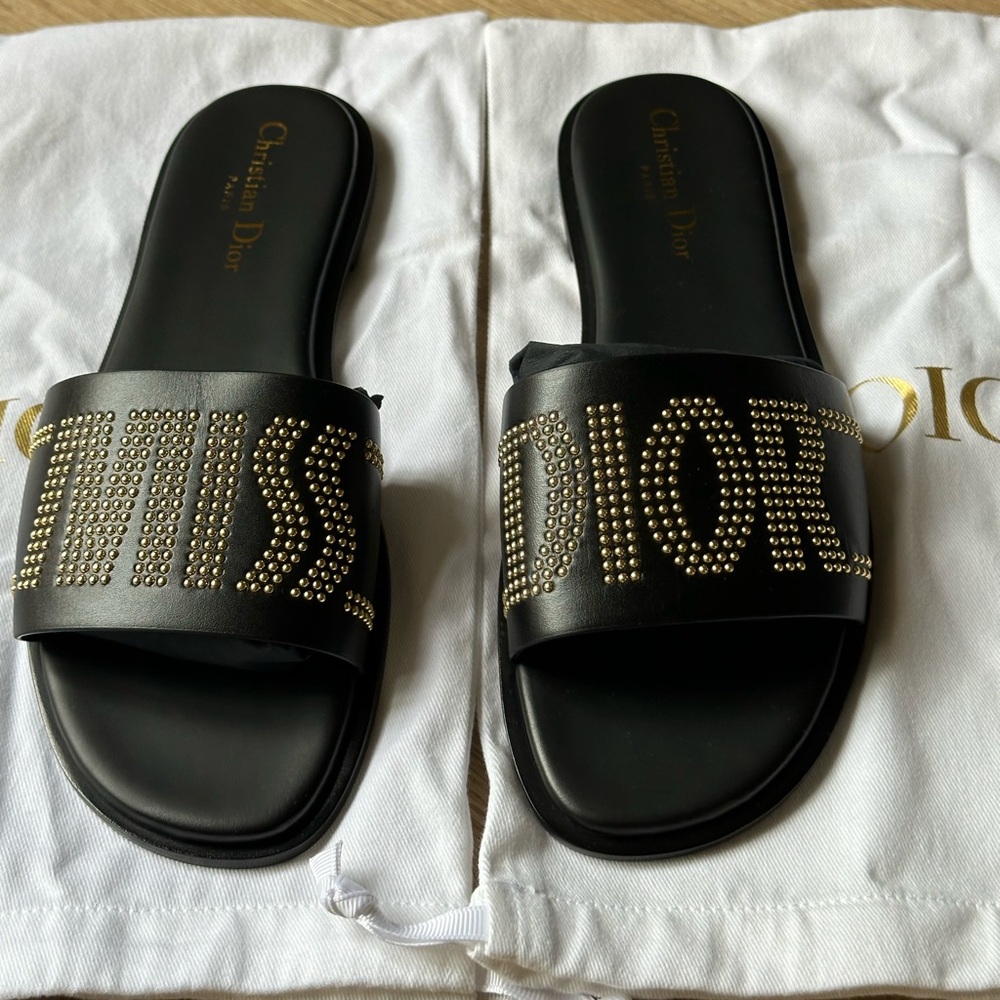 Dior Dway Slide Black Calfskin and Gold-Finish Studs size:38